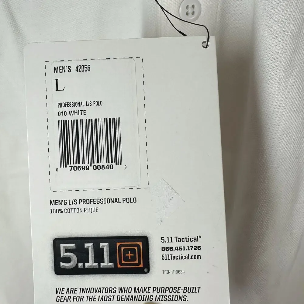 5.11 Tactical Series Long Sleeve White T Shirt Pen Pocket Size Large